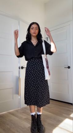 Professional Outfits Skirt Women, Grown Up Alternative Fashion, Business Casual Outfits Midi Skirt, Midi Skirt Outfit Business Casual, Combat Boots Maxi Skirt, Tattoo Receptionist Outfit, Business Casual Outfit Inspo For Women, Business Casual Midi Skirt, Alternative Business Professional Outfits