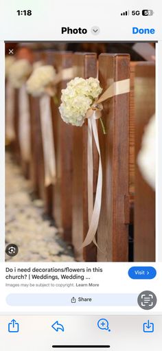 an instagram page with flowers tied to the pews