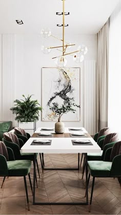 a dining room table with green chairs and a chandelier