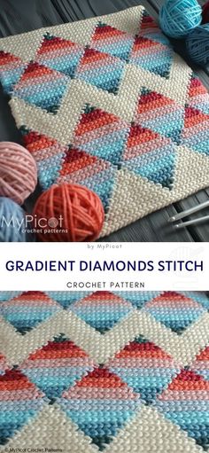 a crochet diamond pattern with balls of yarn next to it and the words, `