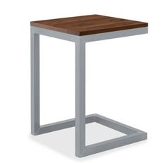 a square wooden table with metal legs