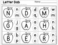 an apple themed letter dab worksheet with the letters and numbers on it