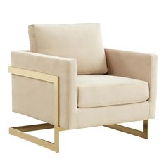 a beige chair with a gold frame