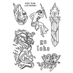 an image of some tattoos on the back of a tattoo design, including two dragon heads and