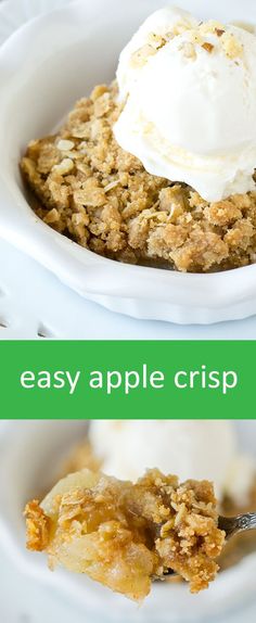 two bowls filled with apple crisp on top of a white plate and topped with ice cream