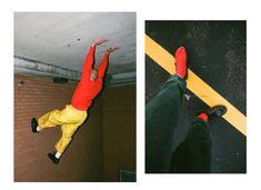 two pictures one is upside down and the other shows a man in yellow pants doing tricks on a skateboard