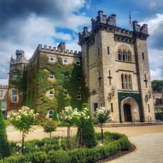 an old castle with ivy growing on it's walls and bushes around the perimeter