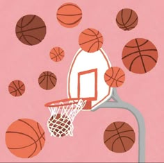 a basketball going through the hoop in front of several balls flying around it on a pink background