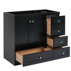 a black cabinet with three drawers and two doors