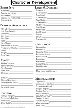 the character development checklist is shown in black and white