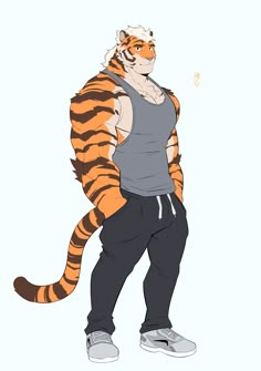 a drawing of a man with a large tiger on his back, standing in front of a white background