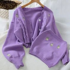 Material : Knitted New in Winter 2020 Collection, Shop Now! Available on Preorder Only: 15/25 working days Moda Ulzzang, Harajuku Women, Fashion Embroidery, Embroidery Sweater, Crop Top Sweater, Embroidery Fashion, Cardigan Top, Trendy Clothes For Women