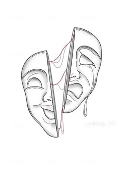 a drawing of two masks with one being drawn to look like it has been split in half