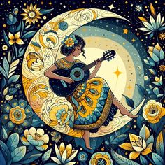 a painting of a woman sitting on the moon holding a guitar