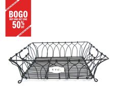 a black wire basket with a tag on it for $ 50 off the price label