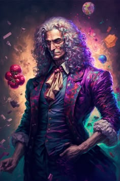 a painting of a man with long hair and wearing a purple suit, holding an apple