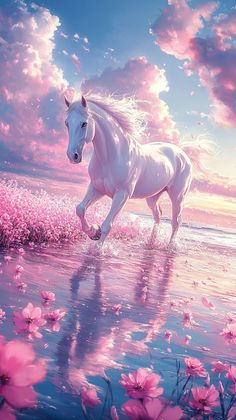 a white horse is running in the water with pink flowers on it's side