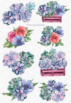 watercolor flowers and succulents are arranged in the shape of an image