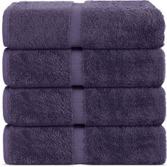 four purple towels stacked on top of each other