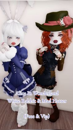 two dolls are dressed up as alice and wonderland white rabbit & mad hatter costumes