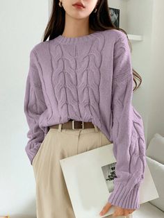 Women's Crewneck Comfortable Cable Knit Pullover Sweater Mauve Purple Casual  Long Sleeve Fabric Plain Pullovers Slight Stretch Spring/Fall Women Clothing, size features are:Bust: ,Length: ,Sleeve Length: Pullover Mode, Camisole Dress, Drop Shoulder Sweaters, Loungewear Set, Floral Pants, 가을 패션, Cable Knit Sweater, Knitted Pullover Sweaters, Sweater Fashion