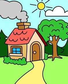 a drawing of a house with trees and clouds in the background