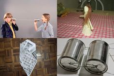 there are pictures of children playing with tin cans and other things in the room that include money