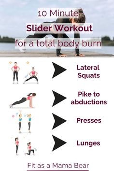 Multiple graphics of a person working out with arrows pointing to text of the workout names. Slider Workout, Ten Minute Workout, Lateral Squat, Slider Exercises, Single Leg Bridge, Post Workout Snacks, 10 Minute Workout, Glute Bridge