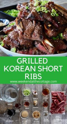 grilled korean short ribs with green onions and sesame seeds on the side, served in a white bowl