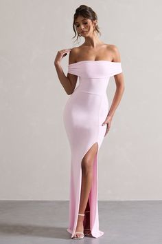 Law of Attraction | Pink Bardot Draped Split Maxi Dress Midi Bridesmaid Dress, Velvet Prom Dress, Club L London, Bardot Neckline, Sleek Bun, Leg Split, Black Dress Prom, Black Tie Gala, Party Dress Long Sleeve