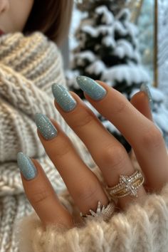 Ice Blue Nails Cold Blue Nails, Ice Inspired Nails, Frosted Sugar Blue Nails, Ice Blue Glitter Nails, Frost Nails Winter, Winter Icy Nails, Light Blue Nails With Sparkle, Icey Nails Winter, Blue Sparkly Winter Nails