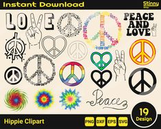 an assortment of peace signs and symbols are shown in this graphic art file, including the word