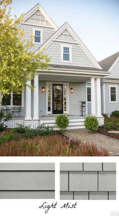 the front and side of a gray house with white trim