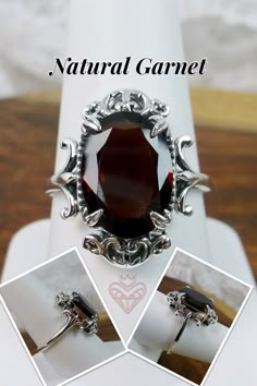 "Natural Garnet Gemstone Ring Vampire Design#84 MADE TO ORDER Inspired by Gothic & Renaissance era jewelry, I now offer this lovely Antique styles ring in sterling silver. This gorgeous ring is set with a VS to VVS genuine natural merlot-red garnet gemstone. The oval faceted cut 6.5ct to 7ct ct oval gem is 14mm (9/16th of an inch) Long by 10mm Wide (3/8th\"). The ring sits 7mm off the finger. The inside of the band is marked 925 for sterling. Notice the intricate leaf design of the filigree Gothic Rings Engagement, Vampire Design, Leaf Filigree, Antique Style Rings, Sterling Silver Garnet Ring, Red Garnet Ring, Mini Iron, Antique Wedding Rings, Order Design