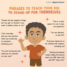 An orange graphic with an illustration of a young boy making a strong arm gesture. The title is in orange and red, Phrases to teach your kid to stand up for themselves. Speaking Up For Yourself