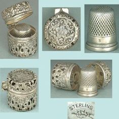 several silver objects are shown in this photo and include an ornate box, thimble, salt shaker, pepper mill, and napkin holder