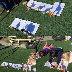 children playing with paper cut out giraffes on the grass