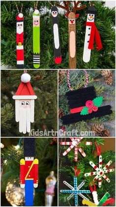 christmas ornaments made out of popsicle sticks and candy canes are featured in this collage