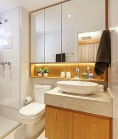 a white toilet sitting next to a walk in shower under a bathroom mirror above a sink