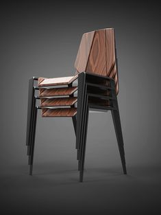 a chair made out of wood and metal with four drawers on the back, sitting in front of a gray background