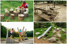 there are several pictures of children playing in the park and on the playground, including an outdoor play area