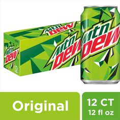 a can of mountain dew on a white background with the box below it and an additional package