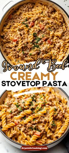 two images showing how to make creamy cranberry stovetop pasta with ground beef