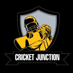 the cricket junction logo on a black background with a yellow helmet and bat in front of it