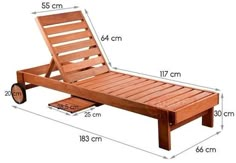 a wooden chaise lounge with wheels and measurements