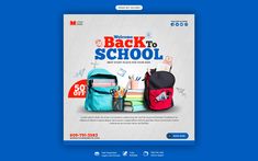 the back to school flyer is shown with backpacks and books in front of it