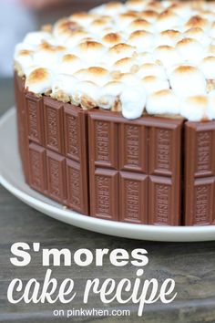 a chocolate cake with marshmallows on top and the words s'mores cake recipe above it