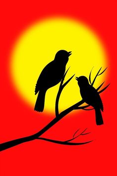 two birds sitting on top of a tree branch in front of an orange and yellow sun