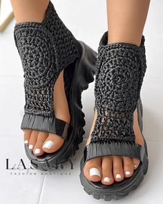 Lasaky - Elegant Braided Geometric Wedge Sandals Mesh Flats, Geometric Knit, Modern Sandals, Summer Wedges, Sandal Platform, Chic Type, Shoe Pattern, Black Wedge Sandals, Jeans Casual