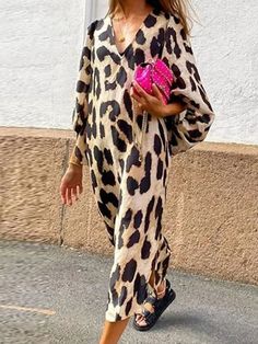 Women's A Line Dress Knee Length Dress Leopard 3/4 Length Sleeve Leopard Split Fall Winter V Neck Casual Lantern Sleeve 2022 S M L XL XXL 9094772 2022 – $22.99 Leopard Print Maxi Dress Long, Boho Chique, Long Dresses Elegant, Split Hem Dress, Elegant Party Dresses, Lantern Sleeve Dress, Printed Long Dresses, Elegant Party, Vestido Casual